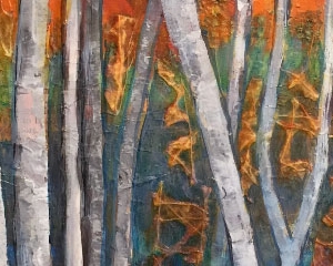 Birch Trees I 8"x10" Acrylic, Paper, and Fibers on Wood Panel - Available