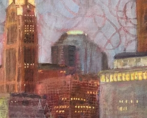 Downtown Lit Up 18"x36" Acrylic, Paper, and Fibers on Canvas